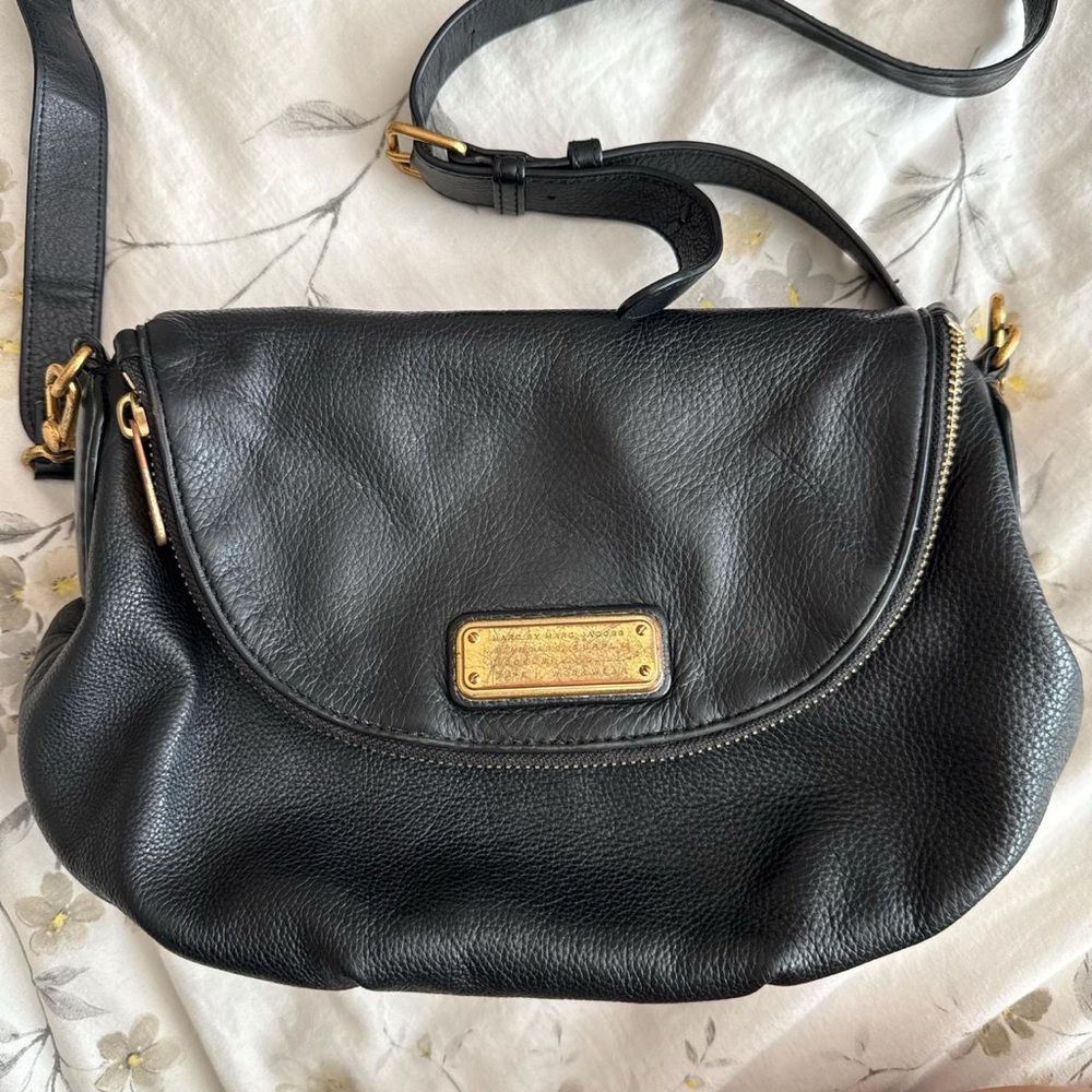 Marc Jacobs Black Leather Crossbody Bag with Gold Accents